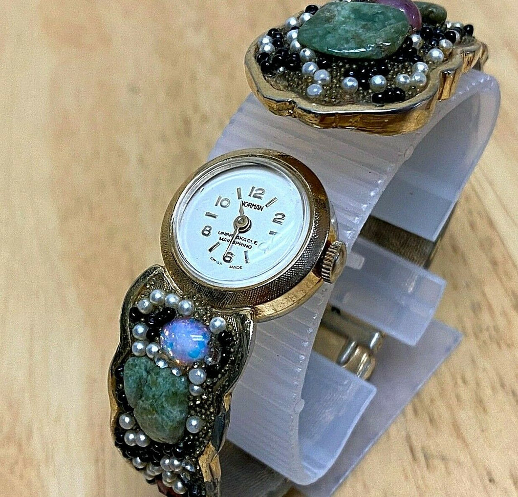 Vintage Norman Lady Natural Rock Faux Pearl Cuff Hand-Wind Mechanical Watch Hour