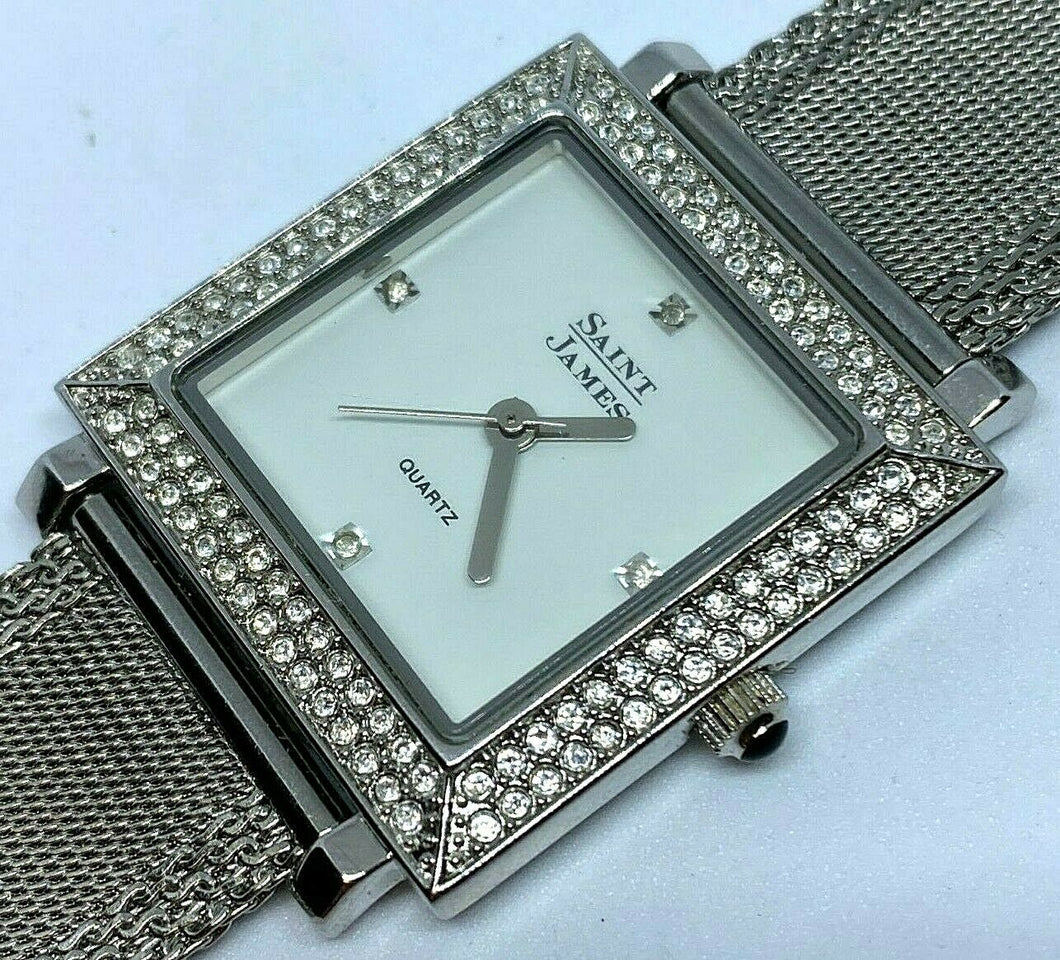 Saint James Men Lady Rhinestone Square Mesh Analog Quartz Watch Hour~New Battery