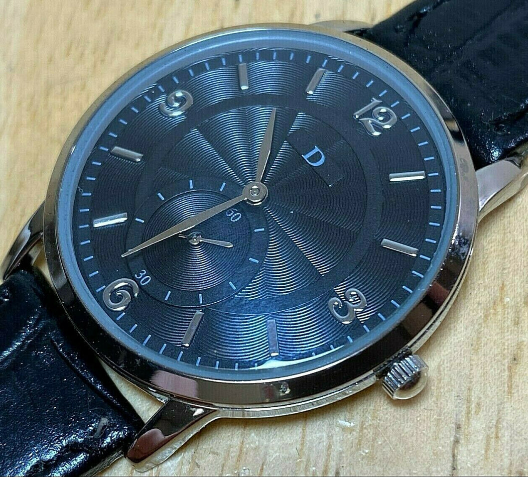 D Logo Men Small Seconds Silver Black Leather Analog Quartz Watch Hours~New Batt