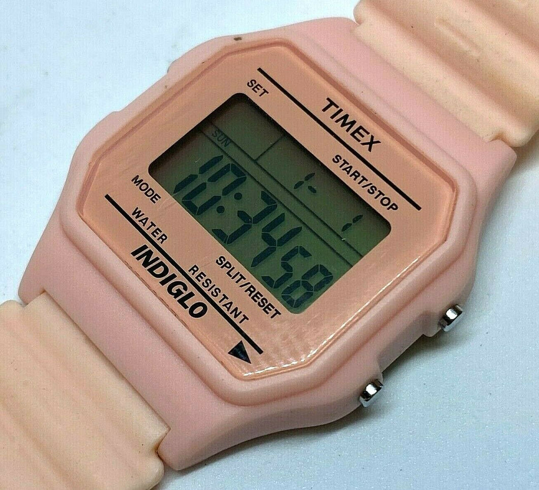 Timex Indiglo T2N241 Mens 30m Pink Digital Alarm Chrono Watch Hours~New Battery