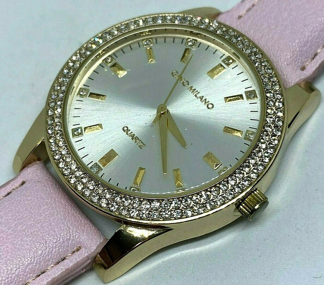 Gino Milano Lady Rhinestone Gold Tone Pink Analog Quartz Watch Hours~New Battery