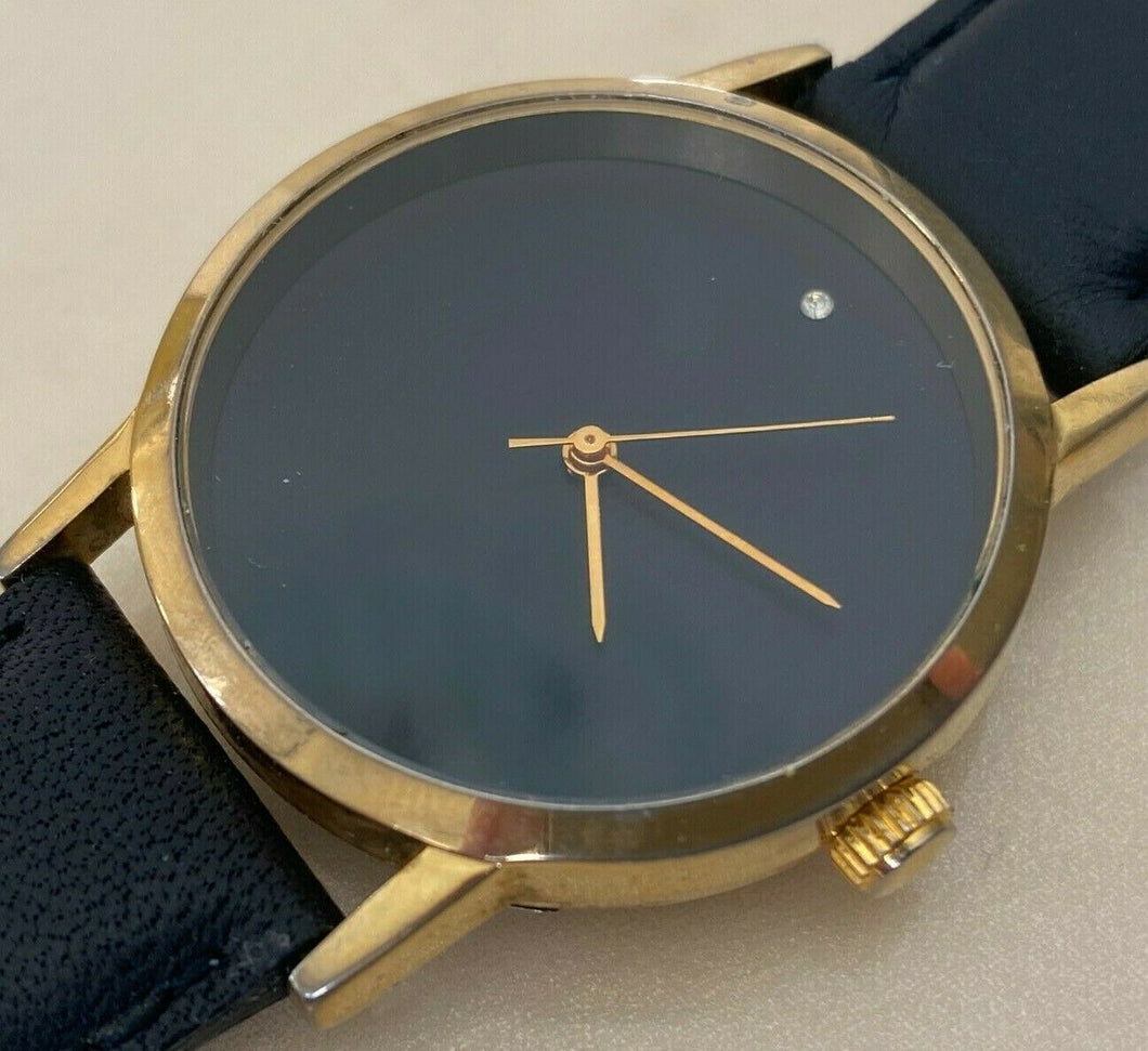 Vintage Acent Mens Classic Gold-Black Leather Hand Wind Mechanical Watch Hours