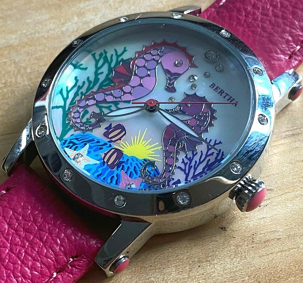 Bertha Lady Rhinestone Ocean Life Leather Analog Quartz Watch Hours~New Battery