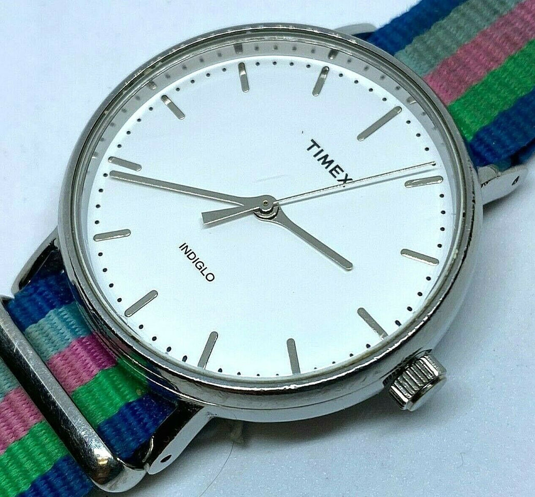 Timex Indiglo Men Lady Silver NATO Band Analog Quartz Watch Hours~New Battery