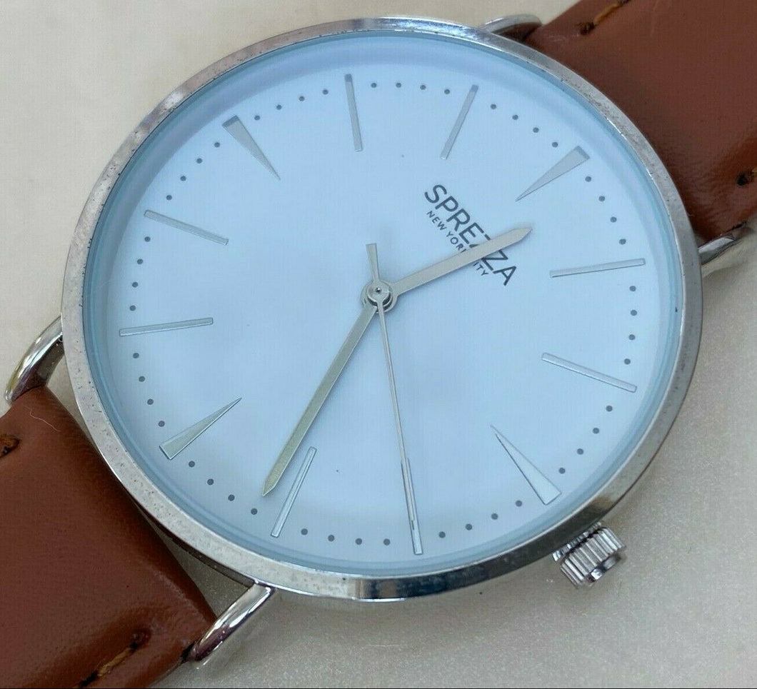 Unused SPREZZA Mens Silver White Thin Slim Analog Quartz Watch Hours~New Battery