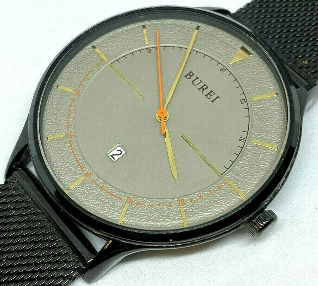 Unused Burei Mens Black Mesh Band Analog Quartz Watch Hours~Date~New Battery