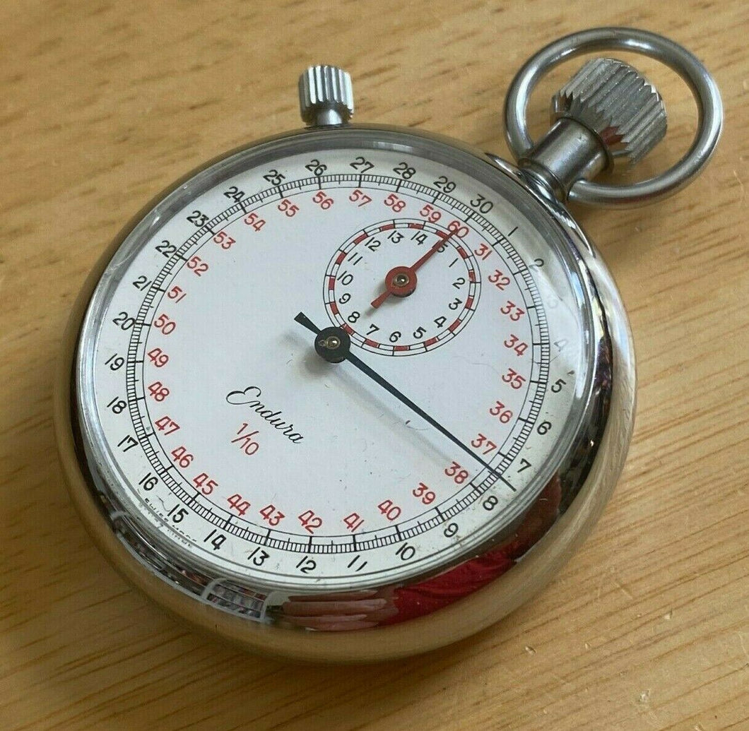 Vintage Endura Silver White Swiss 1/10 Hand-Wind Mechanical Stopwatch