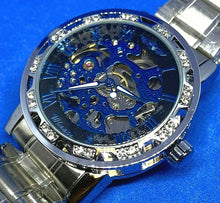 Load image into Gallery viewer, Unused Winner Mens Skeleton Silver Rhinestone Hand-Wind Mechanical Watch Hours
