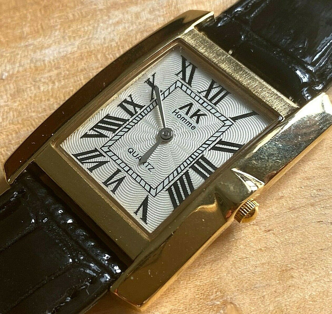 Vintage AK Homme Men Gold Tone Thin Rectangle Analog Quartz Watch Hours~New Batt