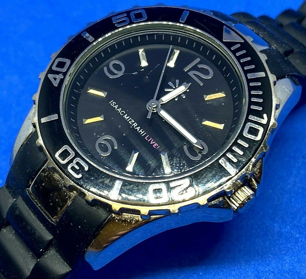 Isaac Mizrahi Mens Japan Movt Silver Black Analog Quartz Watch Hours~New Battery