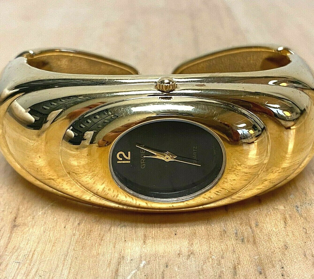 Gruen Lady Gold Tone Black Beefy Cuff Bangle Analog Quartz Watch Hour~New Batter