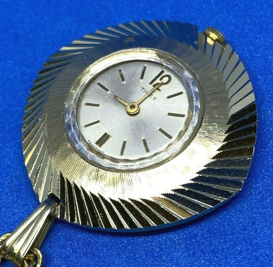 VTG Timex Lady Gold Tone Aluminum Hand-Wind Necklace Pendant Pocket Watch Hours