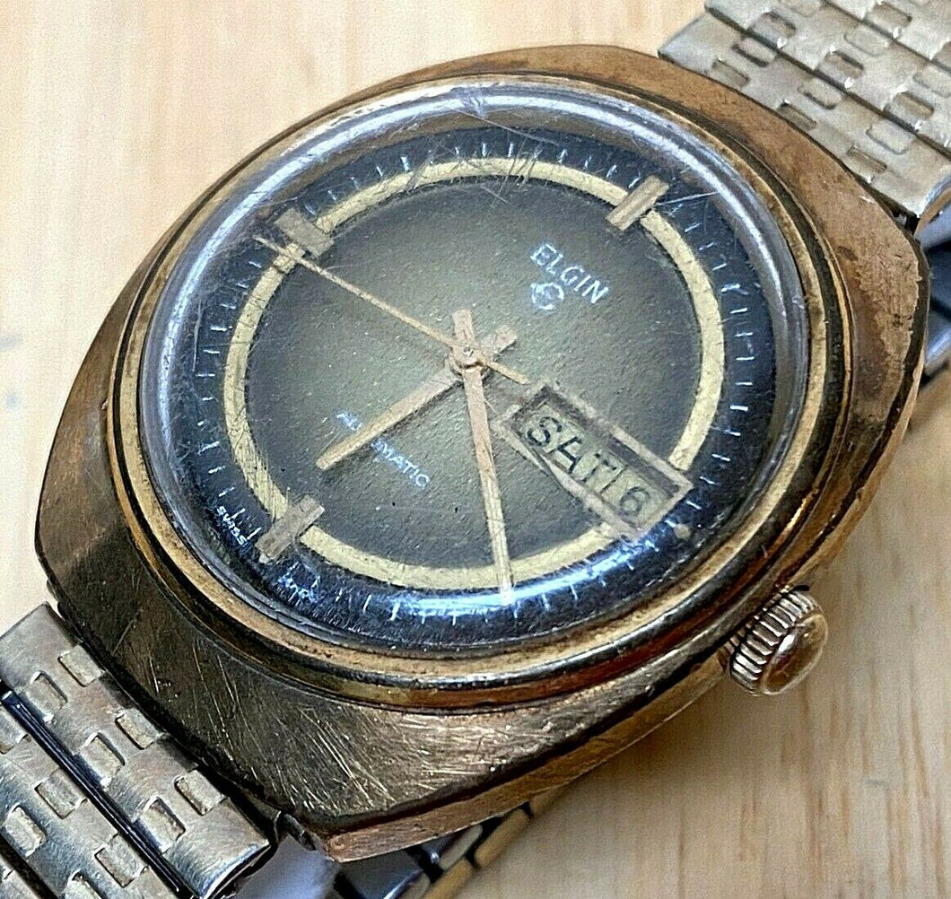 Vintage Elgin Swiss Mens Gold Tone Self-Winding Automatic Watch Hours~Day Date