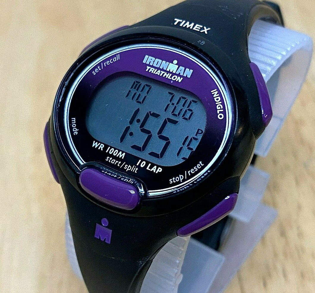 Timex Ironman Lady 100m Black Purple Digital Alarm Chrono Watch Hour~New Battery