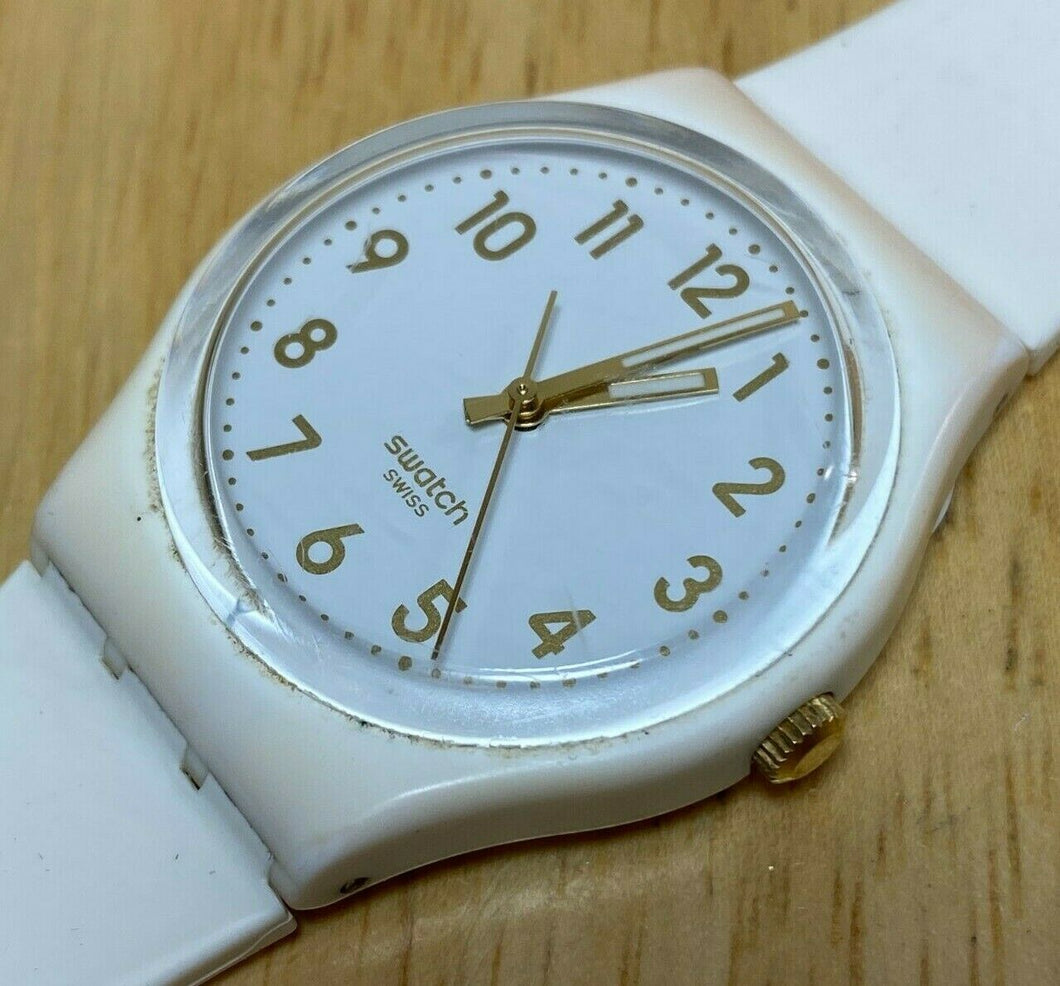 Swatch Swiss IU42 Men All White Analog Quartz Watch Hours~New Battery~Broken Pin