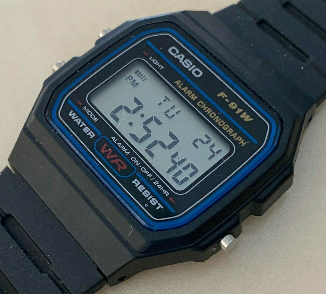 Casio F-91W Mens Black LCD Digital Alarm Chrono Quartz Watch Hours~New Battery