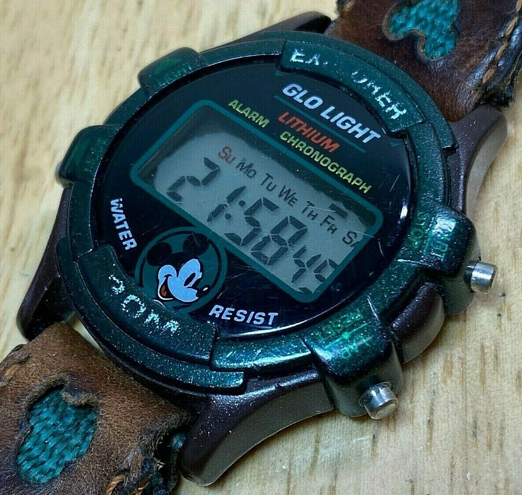 Disney Mens 30m Green Brown Fabric Digital Alarm Chrono Watch Hours~New Battery