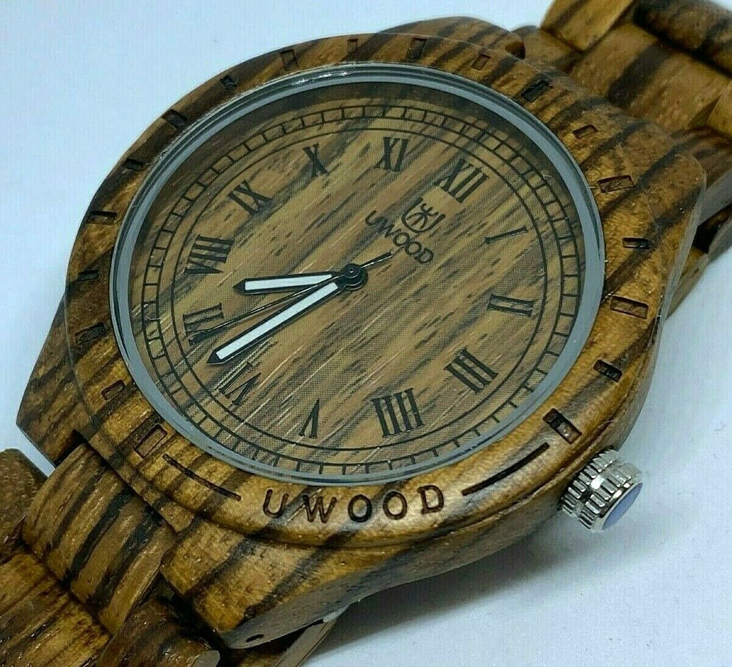 UWOOD Mens All Dark Brown Solid Wood Roman Analog Quartz Watch Hours~New Battery