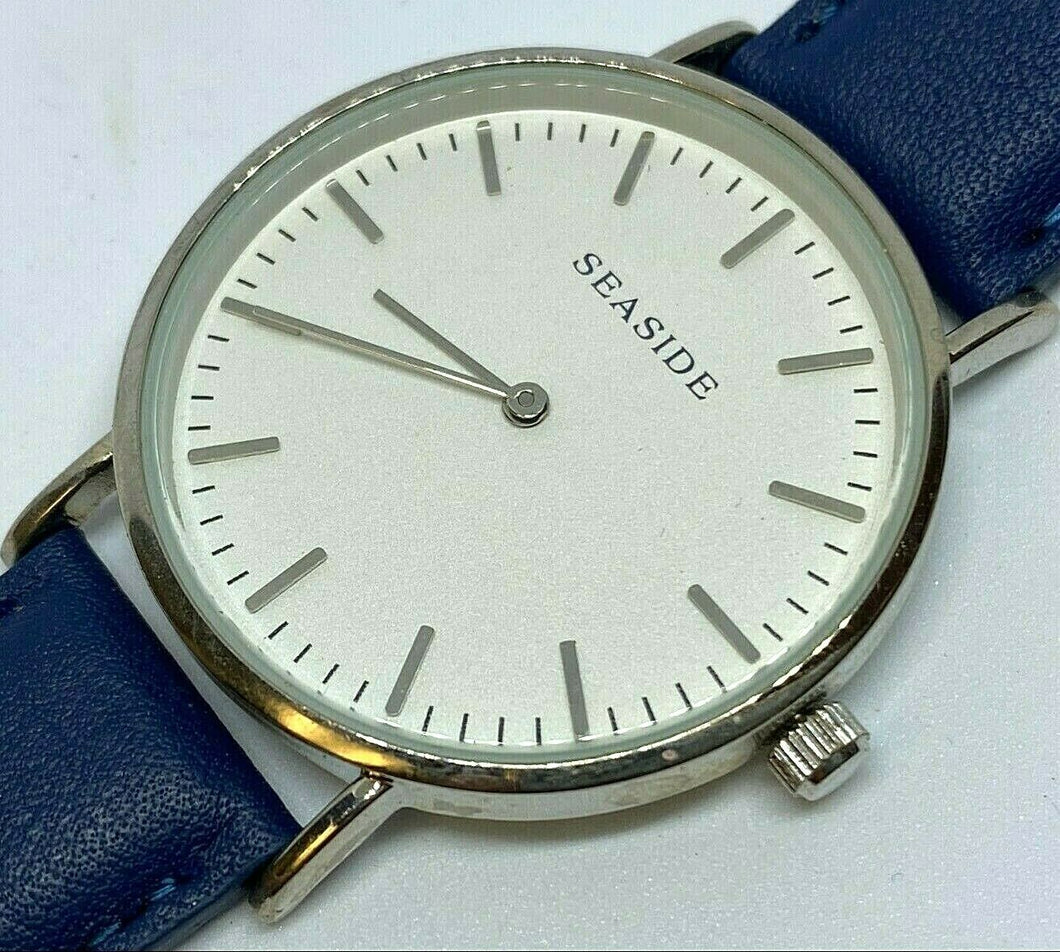 Unused Seaside Men Silver Blue Leather Analog Quartz Watch Hours~New Battery