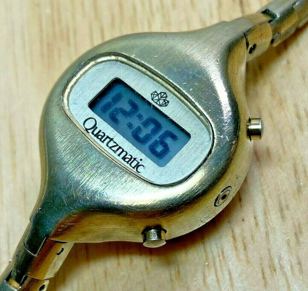 Rare Vintage Quartzmatic Lady Gold Tone LCD Digital Watch Hours~Date~New Battery