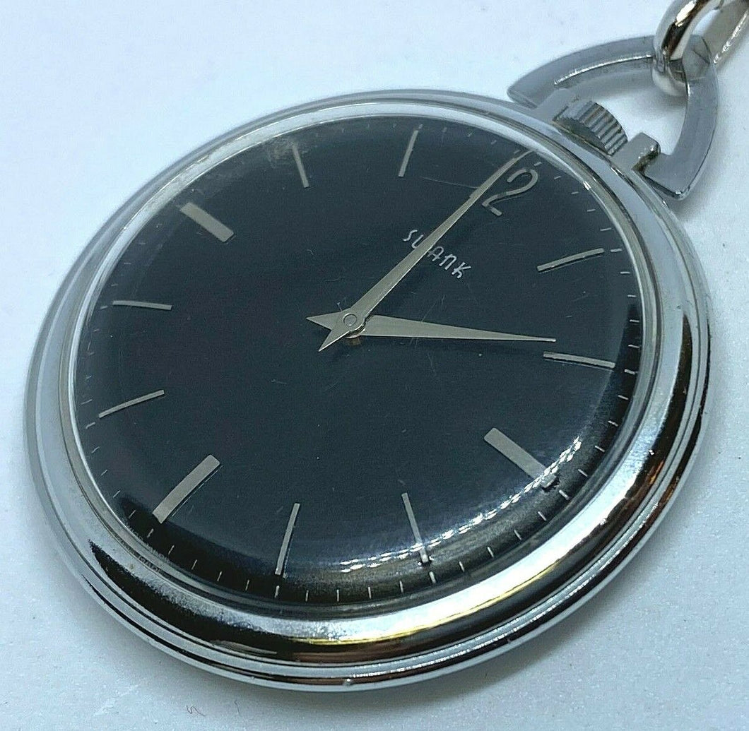 VTG Swank Silver Black Ultra Thin Swiss Hand-Wind Mechanical Pocket Watch Hours