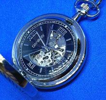 Load image into Gallery viewer, Danbury Men Half Hunter Silver Black Roman Skeleton Hand-Wind Pocket Watch Hours
