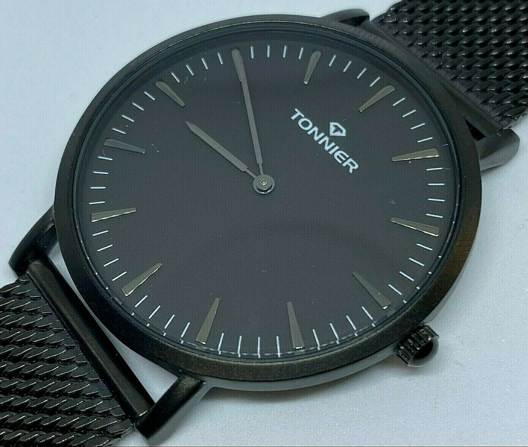 Unused Tonnier Mens Black Mesh Japan Movt Analog Quartz Watch Hours~New Battery