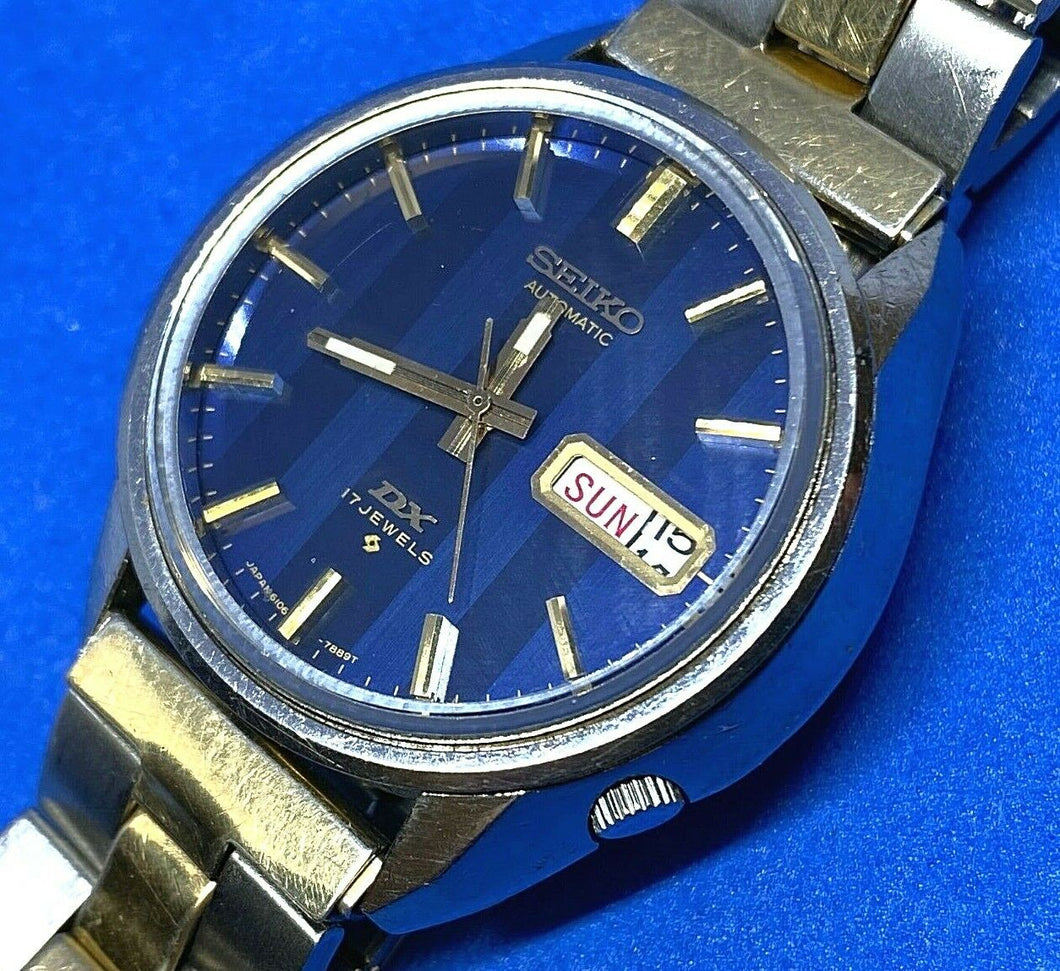 VTG Seiko DX 6106 Mens 17J Silver Blue Self-Wind Automatic Watch Hours~Day Date