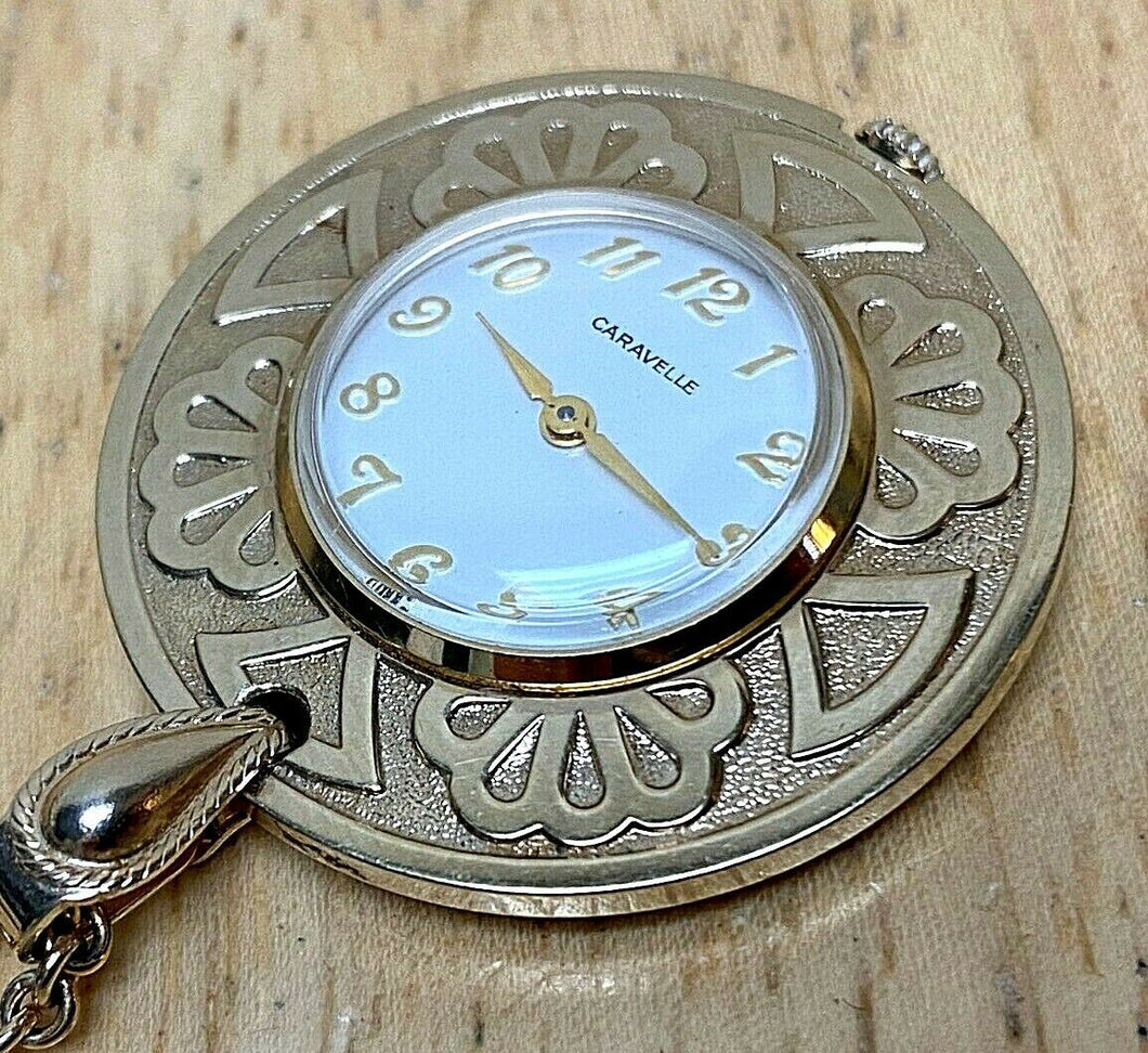 VTG Caravelle Bulova Lady Gold Tone Swiss Hand-Wind Pendant Pocket Watch Hours