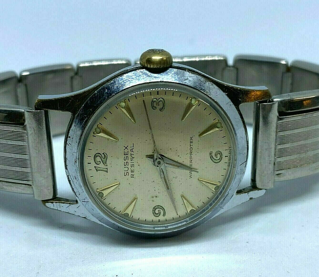 Vintage Sussex Resistal WATERPROTEK Mens Silver Hand-Wind Mechanical Watch Hours