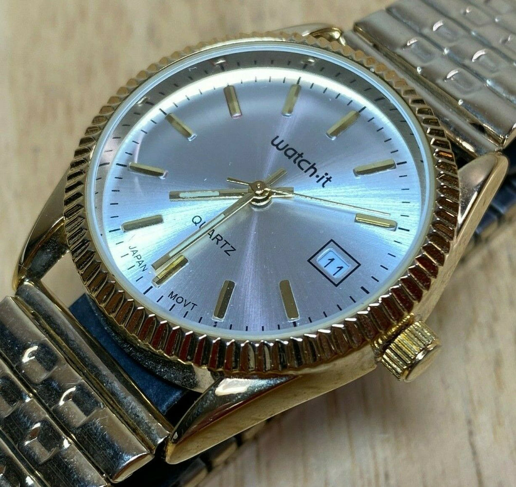 Vintage Watch-it Men Gold Tone Fluted Bezel Analog Quartz Watch Hour~New Battery