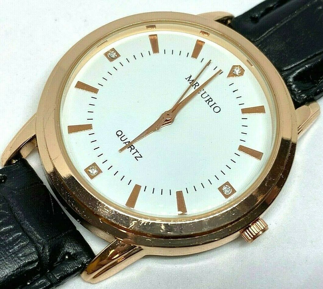 Unused MREURIO Men Rose Gold Tone Leather Band Analog Quartz Watch Hour~New Batt