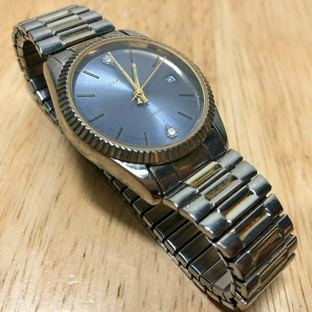 Vintage LA Express Men Dual Tone Fluted Bezel Analog Quartz Watch Hours~New Batt