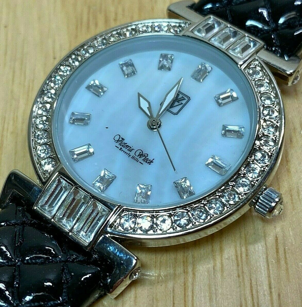 Victoria Wieck Bling Crystals MOP Leather Analog Quartz Watch Hours~New Battery