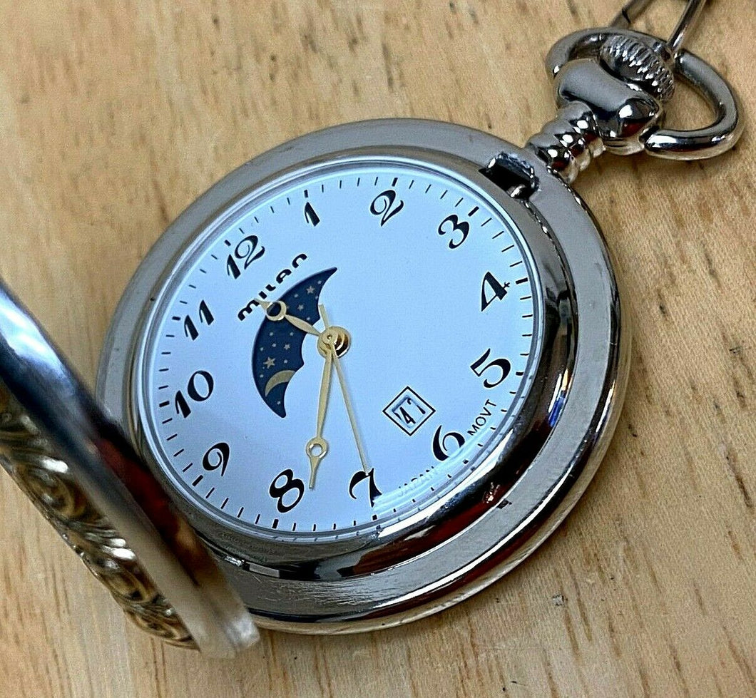 Milan Best Grampa Mens Moon Phase Analog Quartz Pocket Watch Hours~Date~New Batt