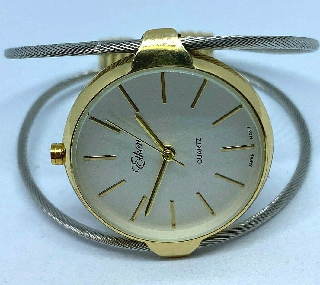 Unused Eikon Lady Dual Tone Wire Cuff Bangle Analog Quartz Watch Hour~New Batter