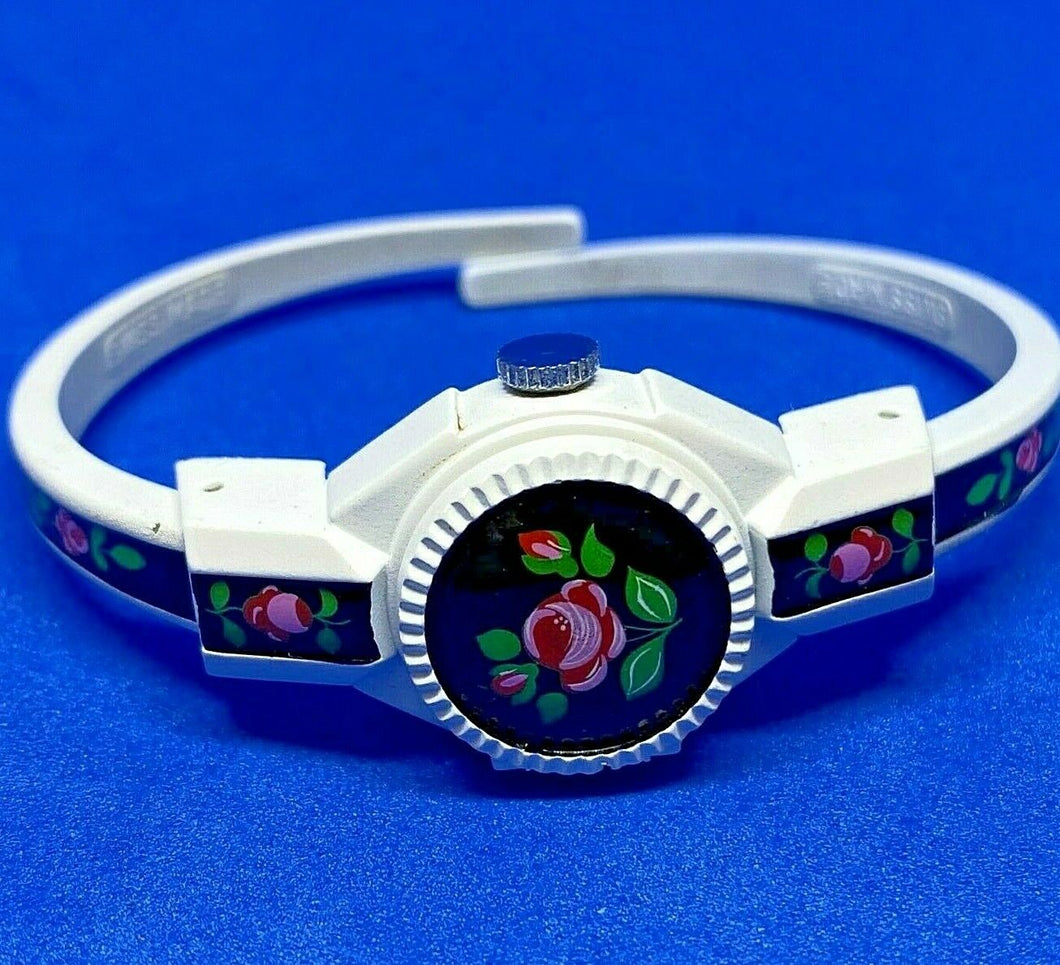 Vintage Nordex Lady White Metal Enamel Cuff Bangle Swiss Hand-Wind Watch Hours