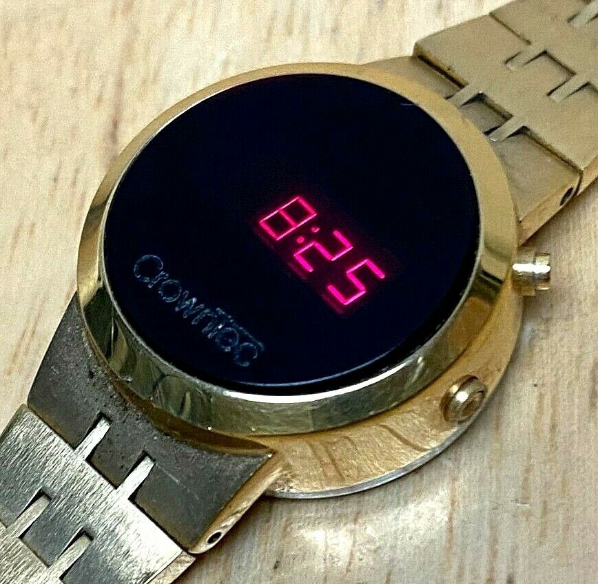 Vintage Crowntec Lady Gold Tone RED LED Digital Watch Hours~Date~New Battery