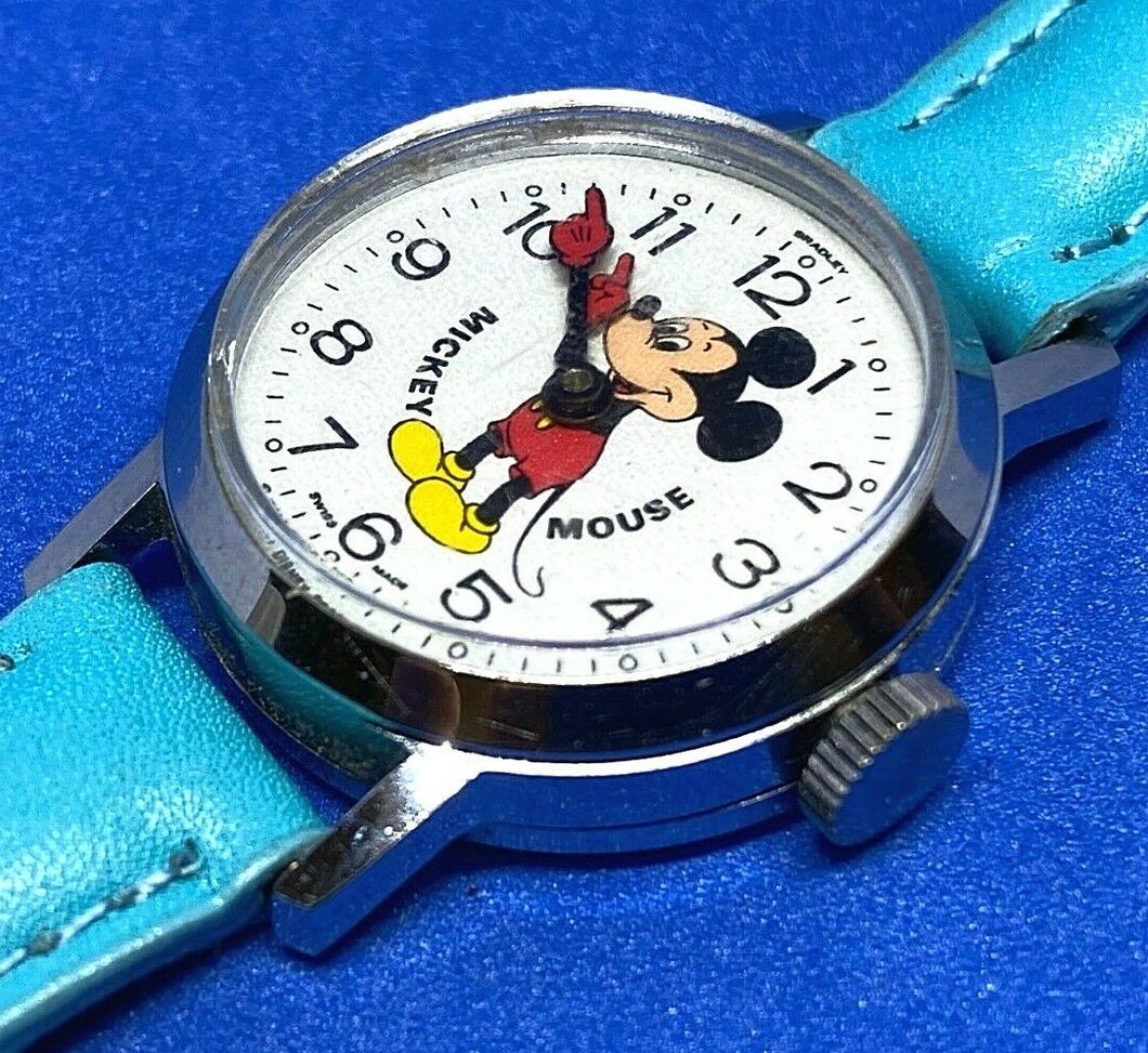 VTG Disney Mickey Bradley Lady Silver Leather Hand-Winding Mechanical Watch Hour