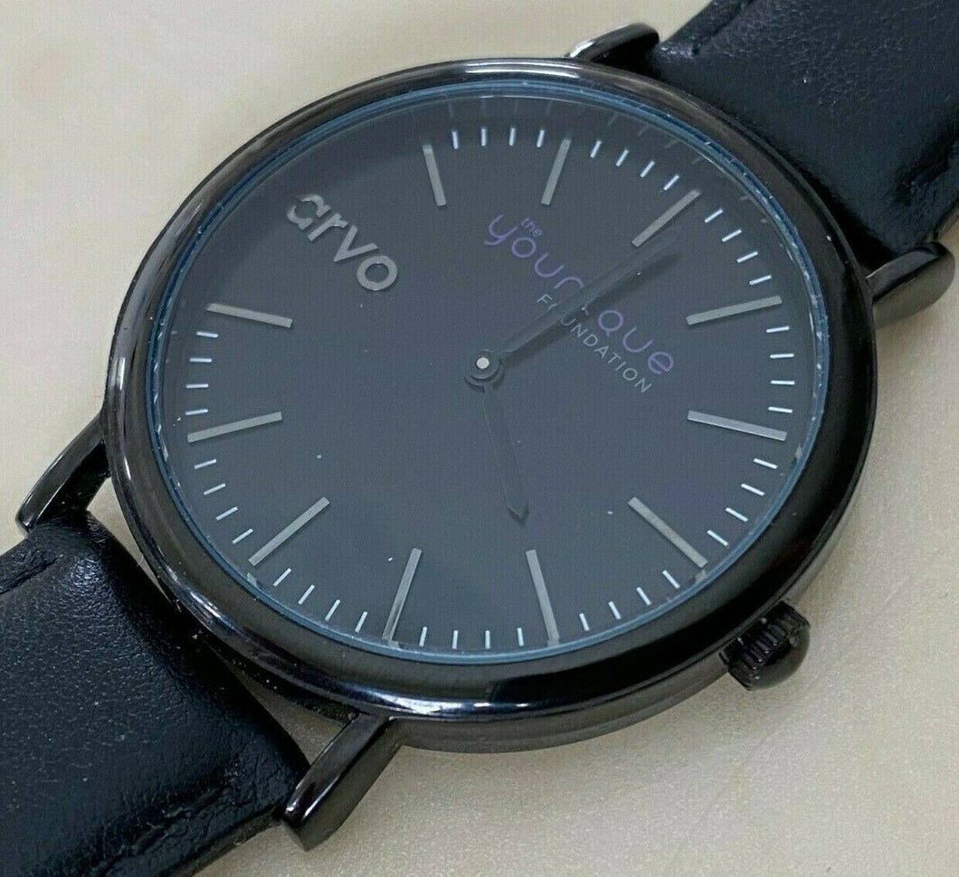 ARVO YOUNIQUE Fundation Men All Black Leather Analog Quartz Watch Hours~New Batt