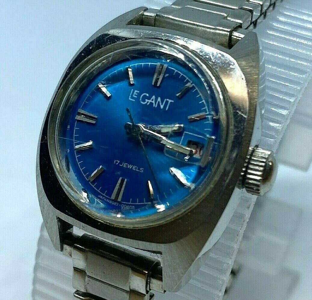 Vintage Le Gant Lady 17 Jewels Silver Blue Hand-Wind Mechanical Watch Hours~Date