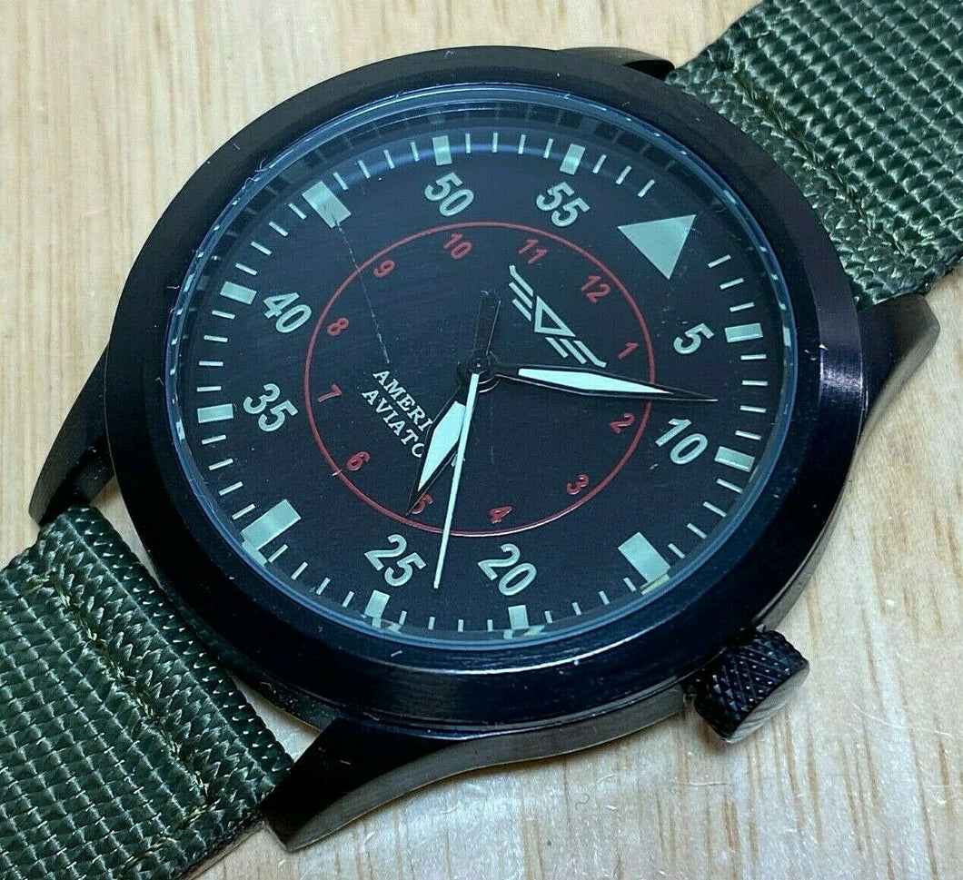 American Aviator Men 30m Green Fabric Black Analog Quartz Watch Hour~New Battery