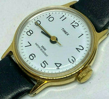 Load image into Gallery viewer, VTG Timex Lady Classic Gold Tone White Leather Hand-Wind Mechanical Watch Hours
