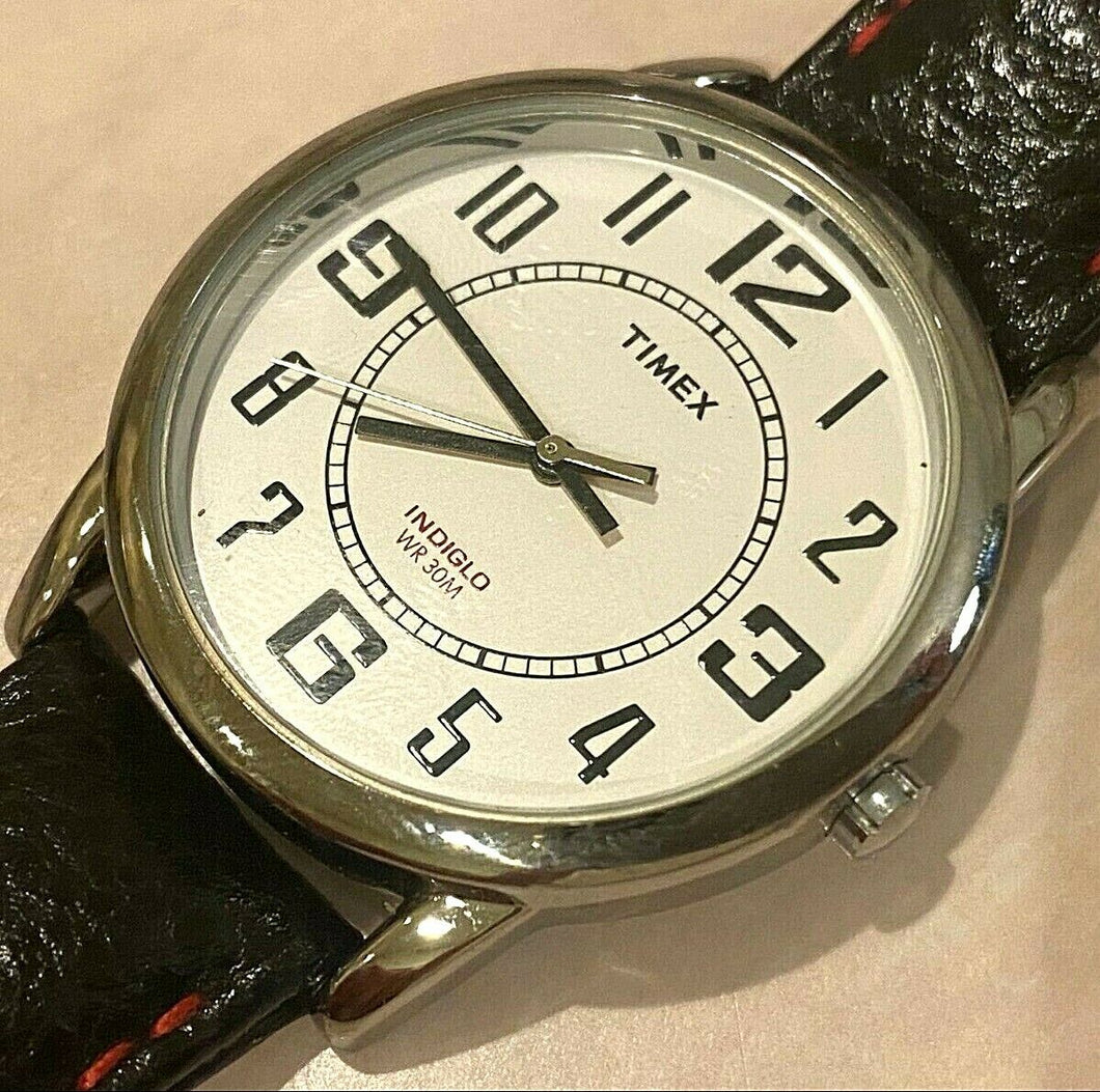 Timex Indiglo Men 30m Silver White Leather Analog Quartz Watch Hours~New Battery