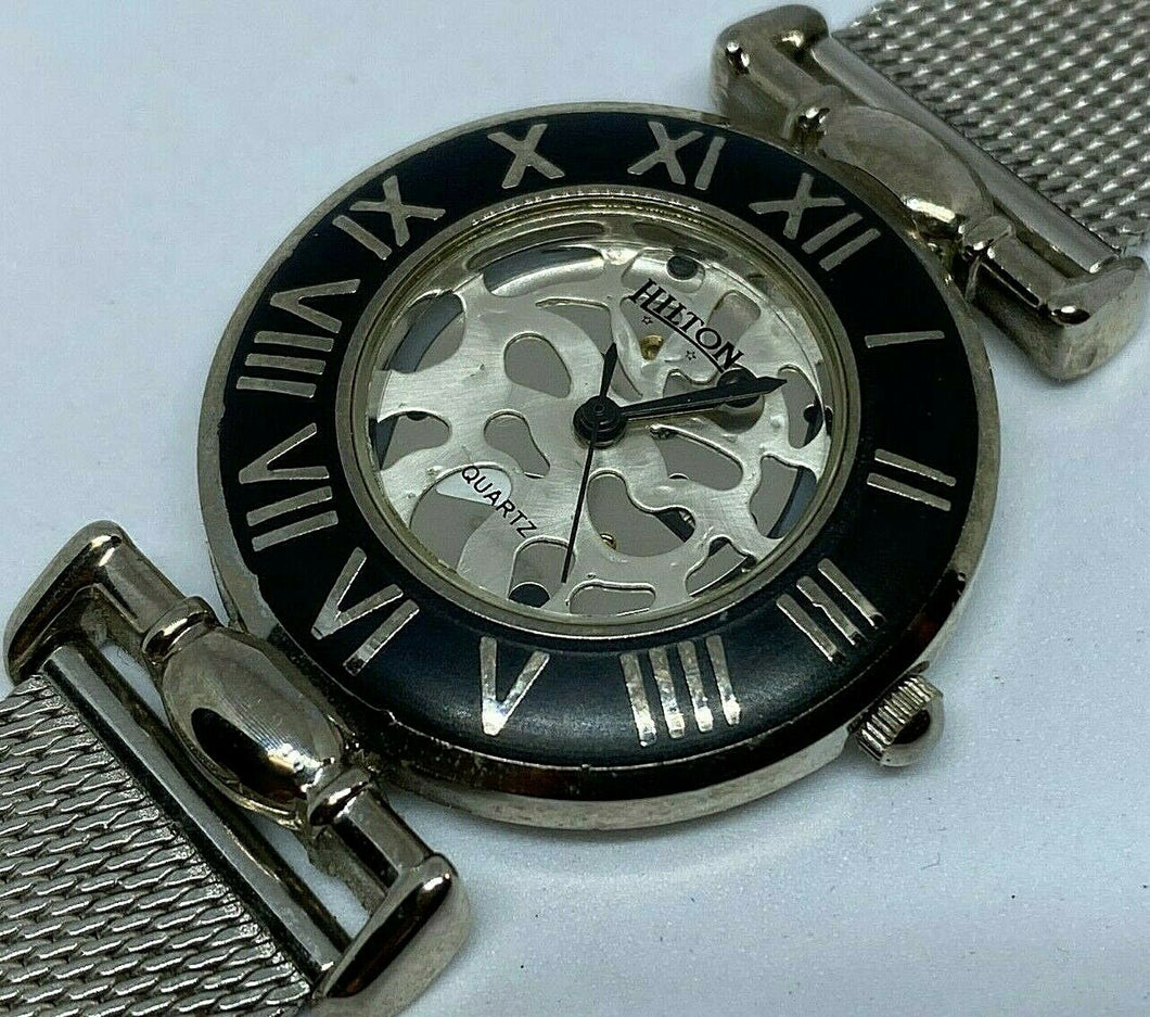 Vintage Hilton Lady Silver Black Roman Mesh Analog Quartz Watch Hour~New Battery