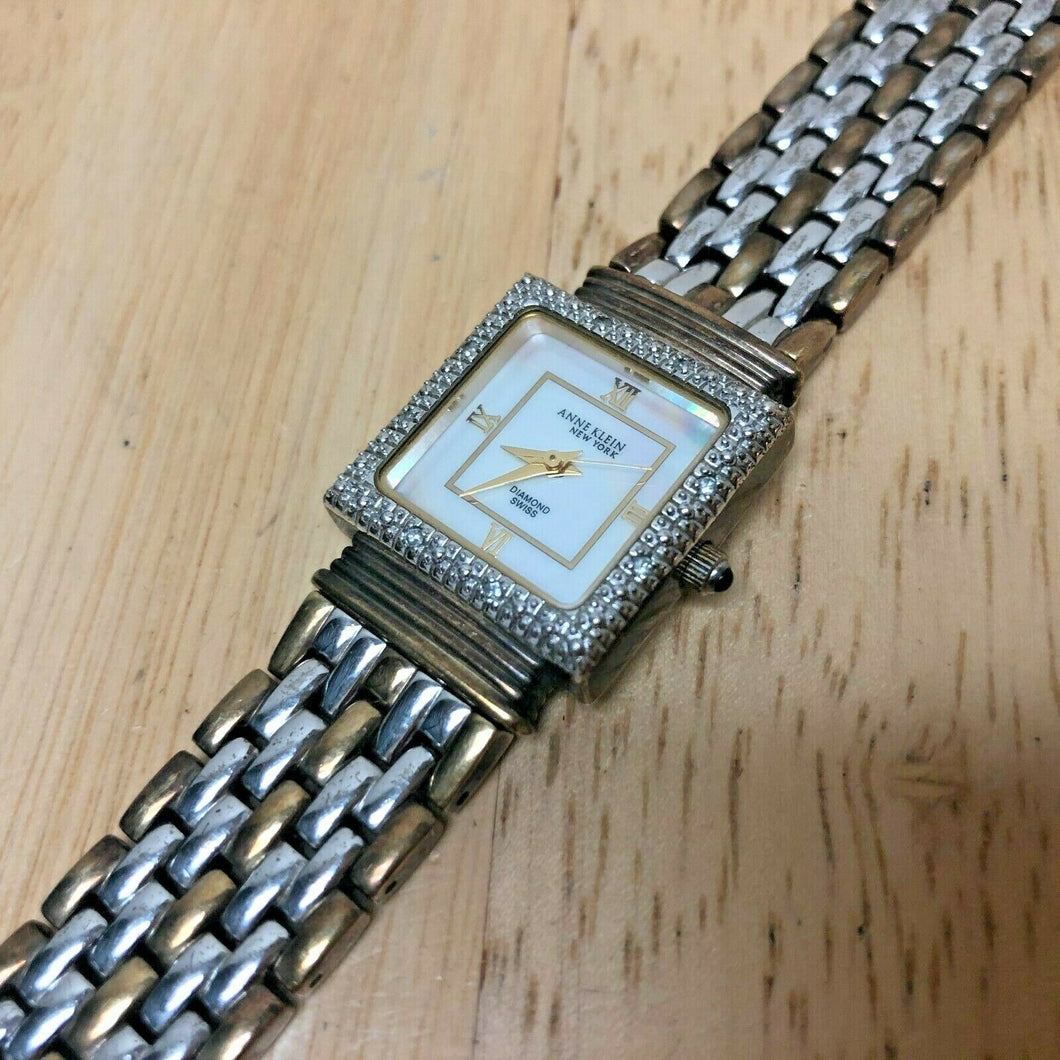 Anne Klein Lady 8 Real Diamonds Reversible Band Swiss Quartz Watch Hour~New Batt