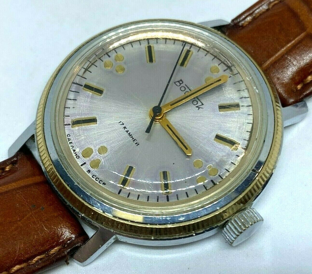 Vintage BOCTOK CCCP Russia Men 17 Jewels Silver Leather Hand-Winding Watch Hours