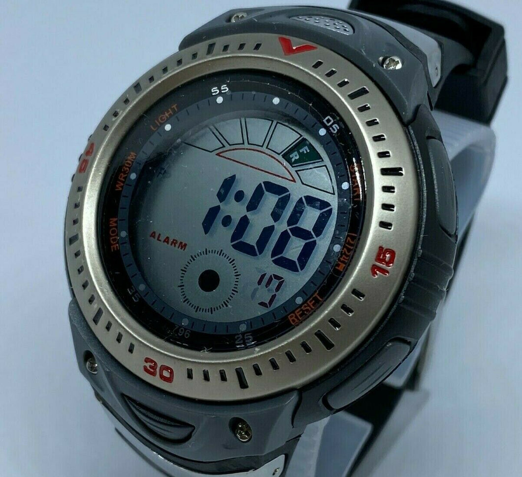 Unused Large Display Mens Silver Black Digital Alarm Chrono Watch Hours~New Batt