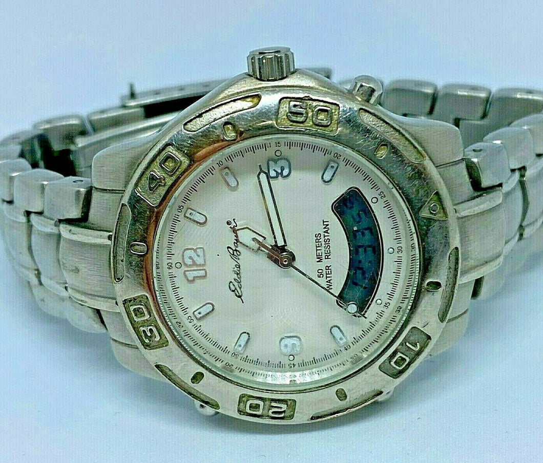 Vintage Eddie Bauer Men 50m Silver Analog Digital Chrono Watch Hours~New Battery