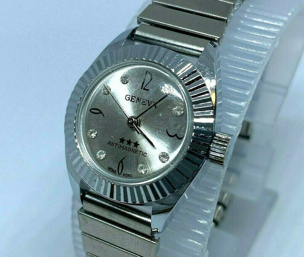 Vintage Geneva Lady Silver Fluted Bezel Stretch Hand-Wind Mechanical Watch Hours